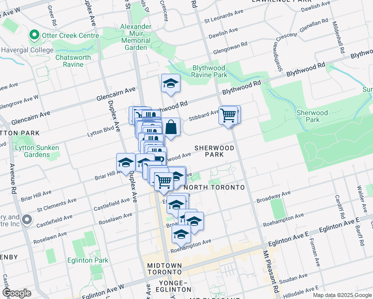 map of restaurants, bars, coffee shops, grocery stores, and more near 58 Sherwood Avenue in Toronto