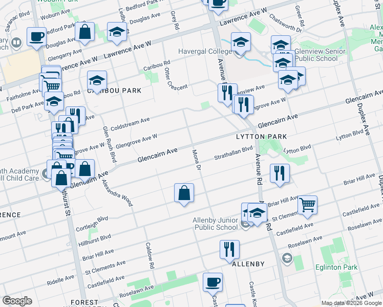 map of restaurants, bars, coffee shops, grocery stores, and more near 92 Mona Drive in Toronto