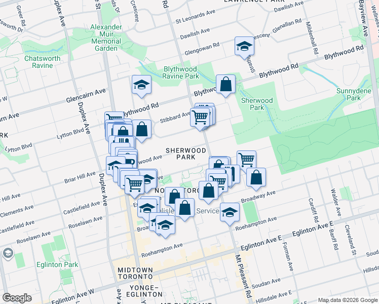 map of restaurants, bars, coffee shops, grocery stores, and more near 109 Sherwood Avenue in Toronto