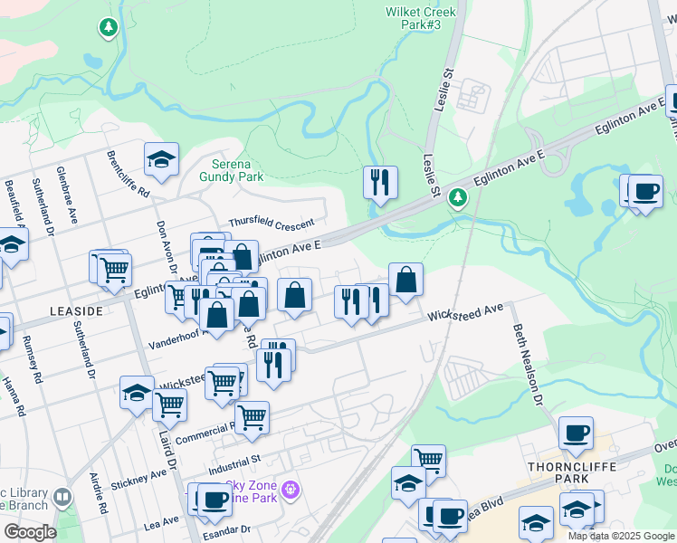 map of restaurants, bars, coffee shops, grocery stores, and more near 47 Brian Peck Crescent in Toronto