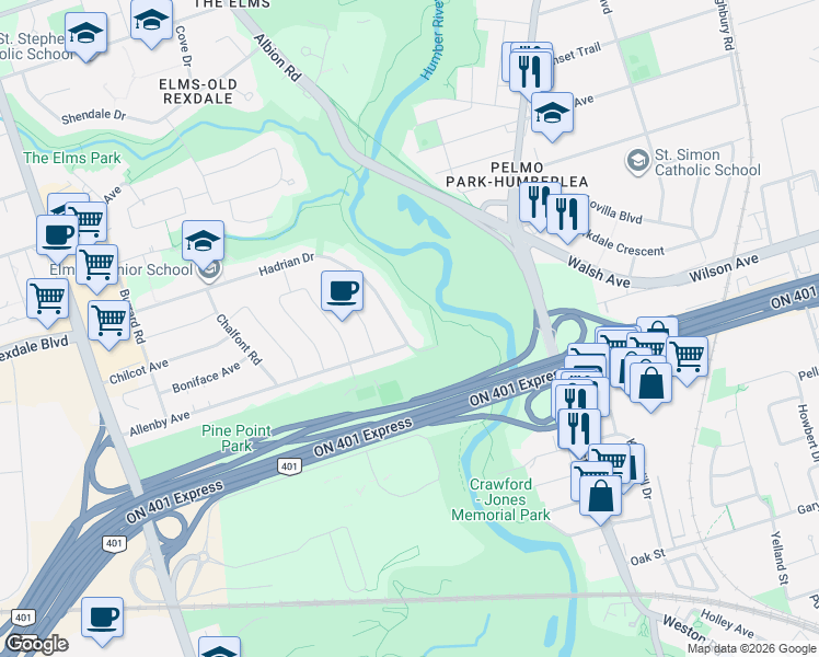 map of restaurants, bars, coffee shops, grocery stores, and more near 134 Hadrian Drive in Toronto