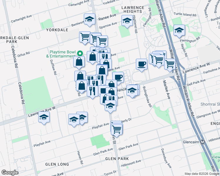 map of restaurants, bars, coffee shops, grocery stores, and more near 27 Inchcliffe Crescent in Toronto