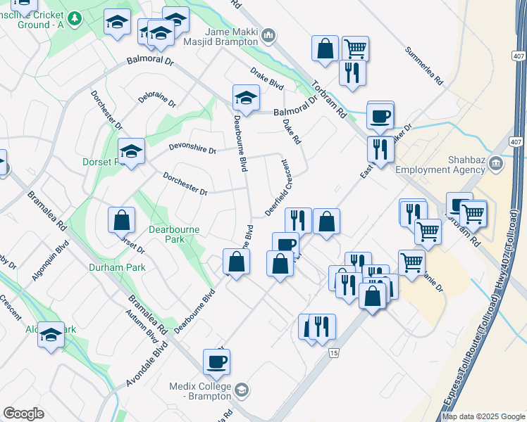 map of restaurants, bars, coffee shops, grocery stores, and more near 4 Deerfield Crescent in Brampton