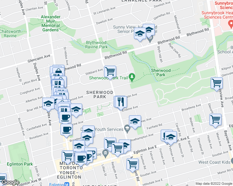 map of restaurants, bars, coffee shops, grocery stores, and more near 1015 R Mount Pleasant Road in Toronto