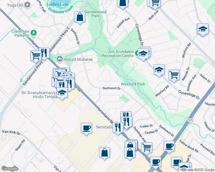 map of restaurants, bars, coffee shops, grocery stores, and more near 143 Sunforest Drive in Brampton