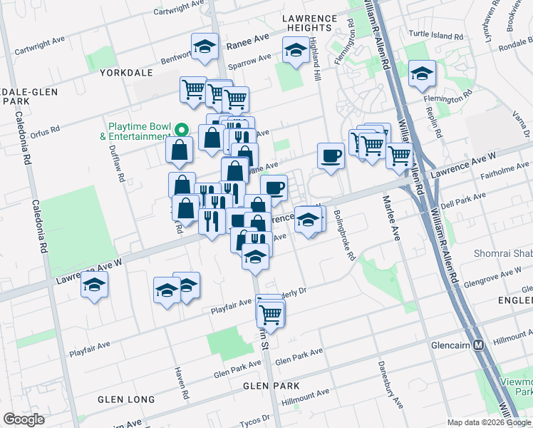 map of restaurants, bars, coffee shops, grocery stores, and more near 800 Lawrence Avenue West in Toronto