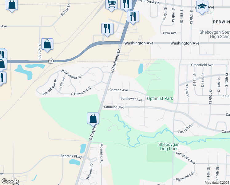 map of restaurants, bars, coffee shops, grocery stores, and more near 2405 Carmen Avenue in Sheboygan