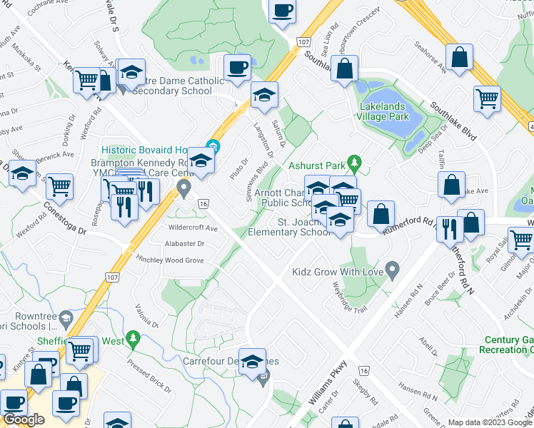 map of restaurants, bars, coffee shops, grocery stores, and more near 38 Winterfold Drive in Brampton