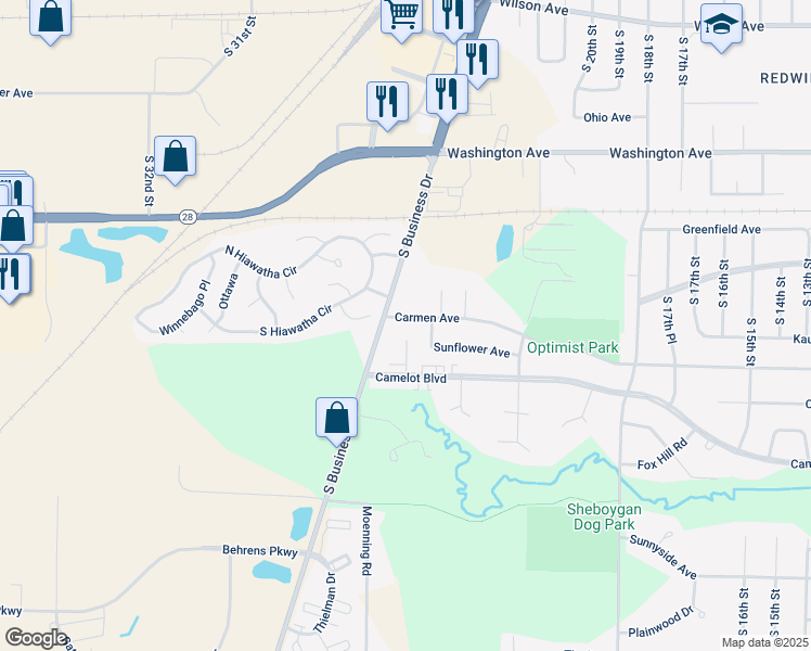 map of restaurants, bars, coffee shops, grocery stores, and more near 2513 Carmen Avenue in Sheboygan
