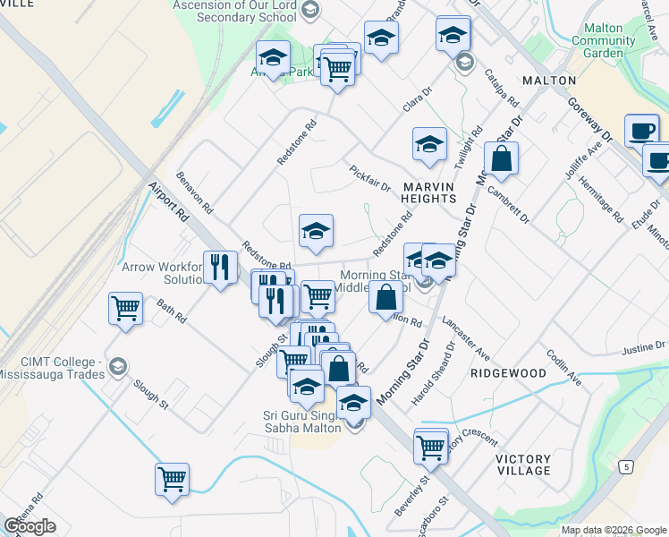 map of restaurants, bars, coffee shops, grocery stores, and more near 7440 Redstone Road in Mississauga