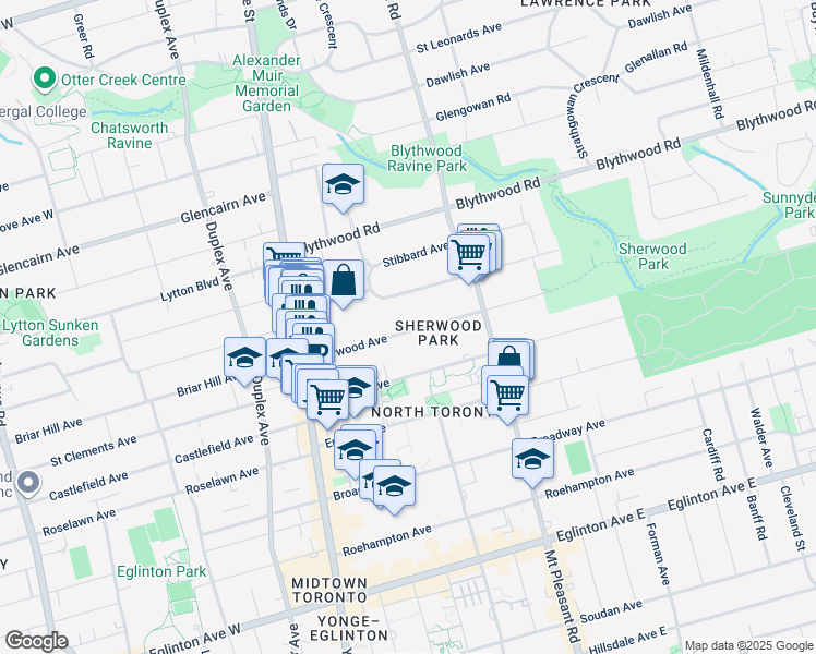 map of restaurants, bars, coffee shops, grocery stores, and more near 94 Sherwood Avenue in Toronto