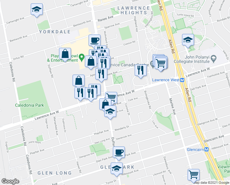map of restaurants, bars, coffee shops, grocery stores, and more near 800 Lawrence Avenue West in Toronto