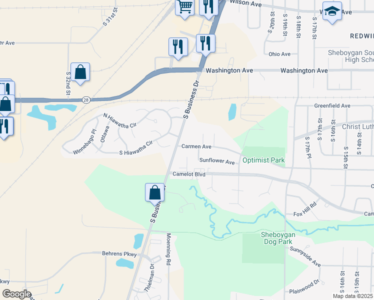 map of restaurants, bars, coffee shops, grocery stores, and more near 2513 Carmen Avenue in Sheboygan