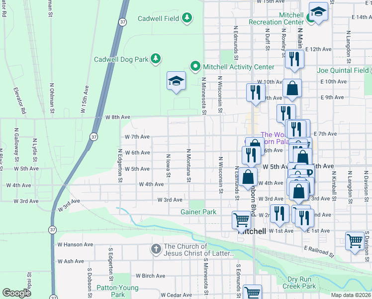 map of restaurants, bars, coffee shops, grocery stores, and more near 800 West 6th Avenue in Mitchell