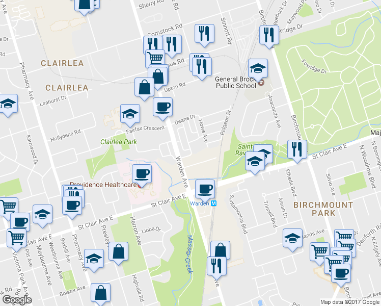 map of restaurants, bars, coffee shops, grocery stores, and more near 10 Mendelssohn Street in Toronto