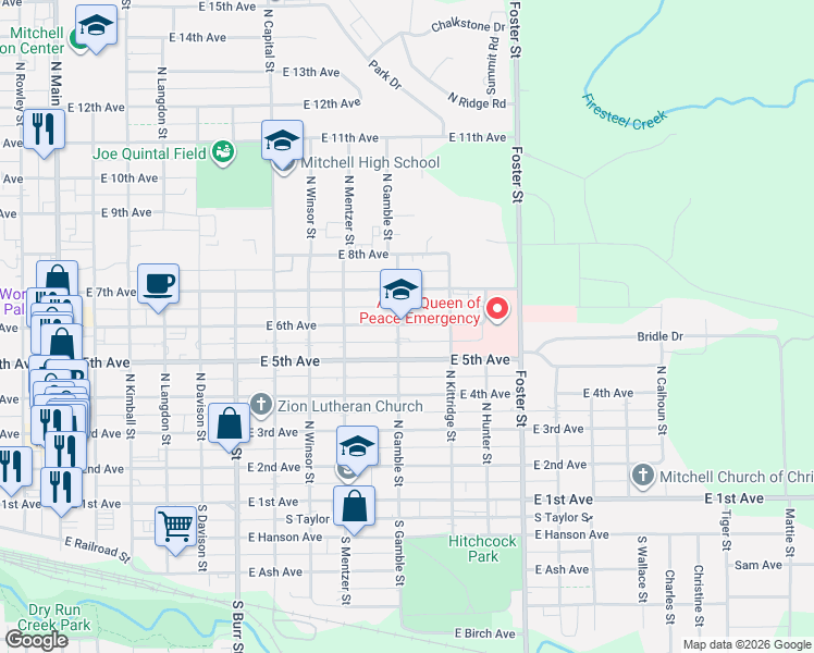 map of restaurants, bars, coffee shops, grocery stores, and more near 1031 East 6th Avenue in Mitchell