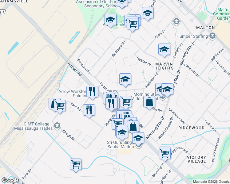 map of restaurants, bars, coffee shops, grocery stores, and more near 7496 Redstone Road in Mississauga