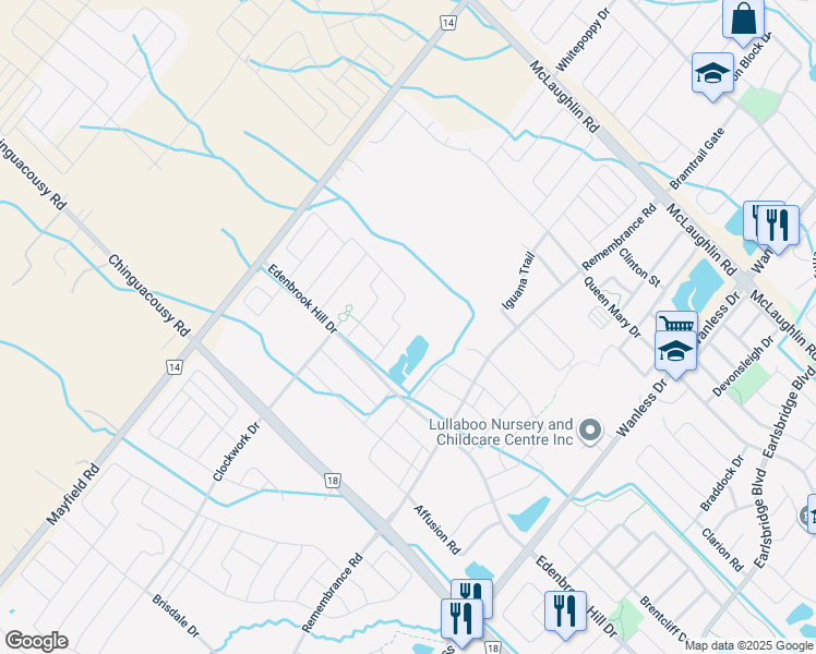 map of restaurants, bars, coffee shops, grocery stores, and more near 102 Mincing Trail in Brampton