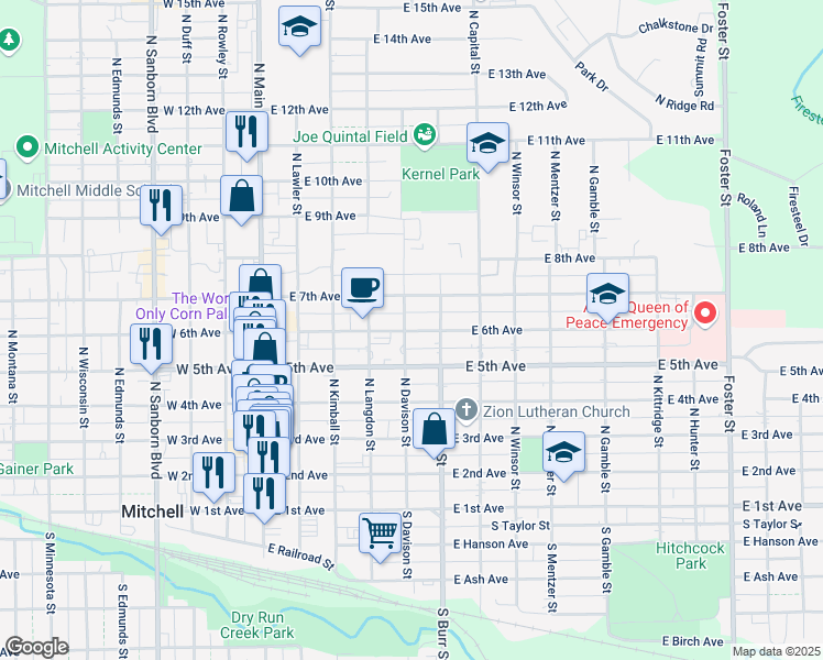 map of restaurants, bars, coffee shops, grocery stores, and more near 520 East 6th Avenue in Mitchell