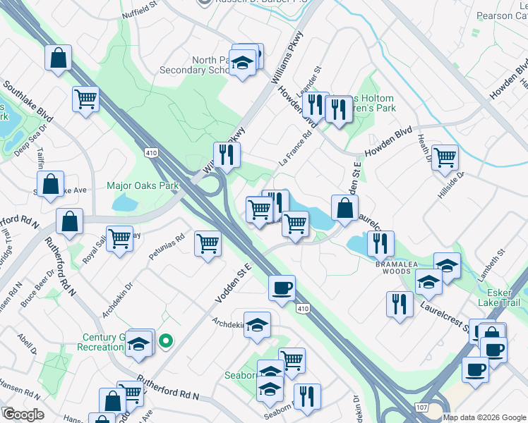map of restaurants, bars, coffee shops, grocery stores, and more near 8 Lehar Court in Brampton