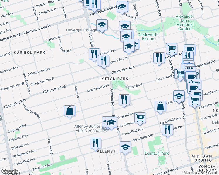 map of restaurants, bars, coffee shops, grocery stores, and more near 1252 Avenue Road in Toronto