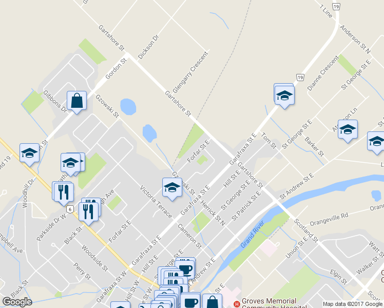 map of restaurants, bars, coffee shops, grocery stores, and more near 451 Forfar Street East in Fergus