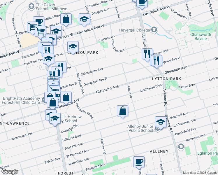map of restaurants, bars, coffee shops, grocery stores, and more near 390 Glencairn Avenue in Toronto