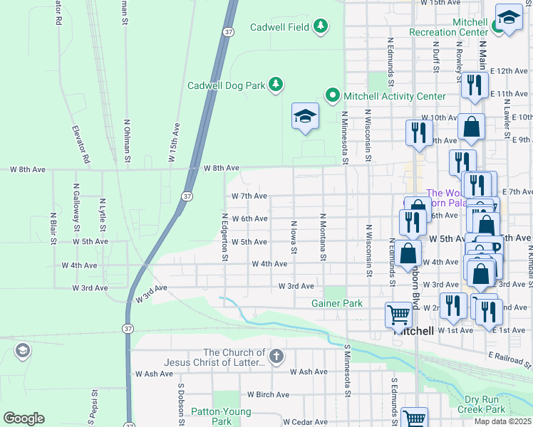 map of restaurants, bars, coffee shops, grocery stores, and more near 1000 West 6th Avenue in Mitchell