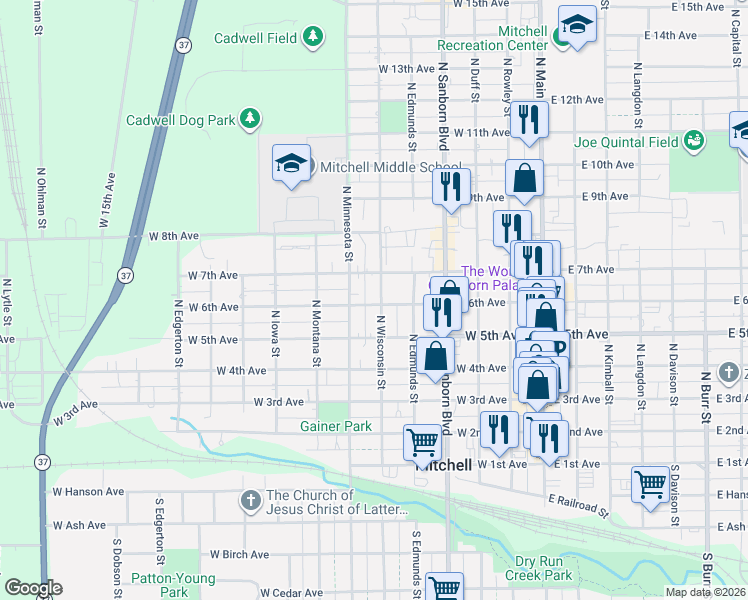 map of restaurants, bars, coffee shops, grocery stores, and more near 601 North Wisconsin Street in Mitchell