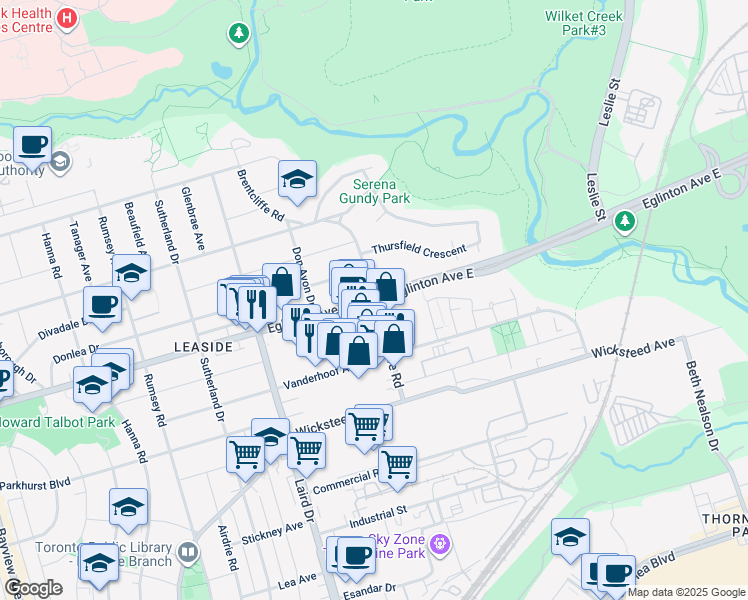 map of restaurants, bars, coffee shops, grocery stores, and more near Eglinton Ave E & Brentcliffe Rd in Toronto