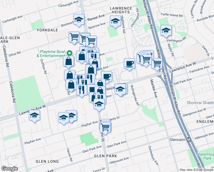 map of restaurants, bars, coffee shops, grocery stores, and more near 800 Lawrence Avenue West in Toronto