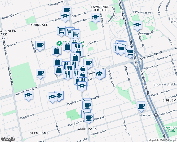 map of restaurants, bars, coffee shops, grocery stores, and more near 800 Lawrence Avenue West in Toronto