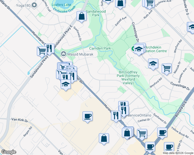 map of restaurants, bars, coffee shops, grocery stores, and more near 157 Sunforest Drive in Brampton