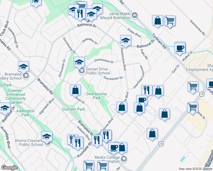 map of restaurants, bars, coffee shops, grocery stores, and more near Dunbarton Crescent in Brampton
