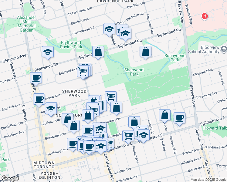 map of restaurants, bars, coffee shops, grocery stores, and more near 356 Keewatin Avenue in Toronto
