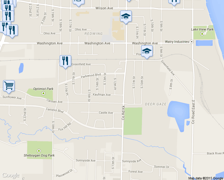 map of restaurants, bars, coffee shops, grocery stores, and more near 3824 South 12th Place in Sheboygan