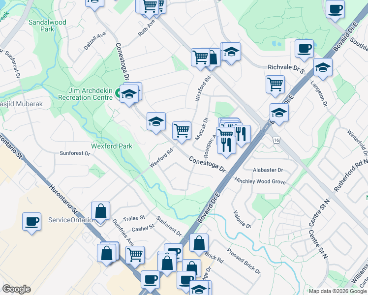 map of restaurants, bars, coffee shops, grocery stores, and more near 319 Conestoga Drive in Brampton