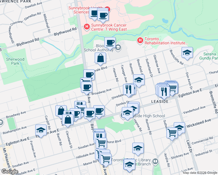 map of restaurants, bars, coffee shops, grocery stores, and more near 432 Broadway Avenue in Toronto