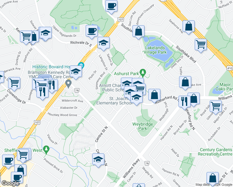 map of restaurants, bars, coffee shops, grocery stores, and more near 33 Hockley Path in Brampton