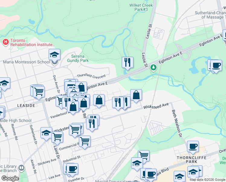 map of restaurants, bars, coffee shops, grocery stores, and more near 35 Brian Peck Crescent in Toronto