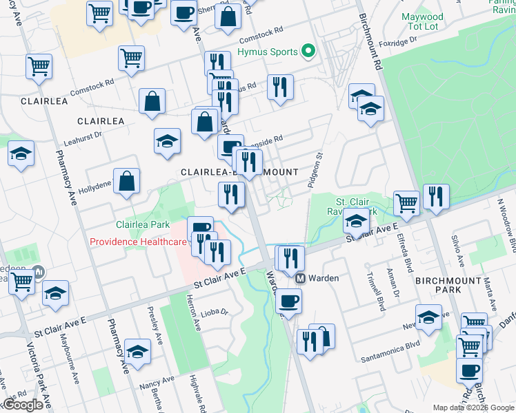 map of restaurants, bars, coffee shops, grocery stores, and more near 10 Mendelssohn Street in Toronto