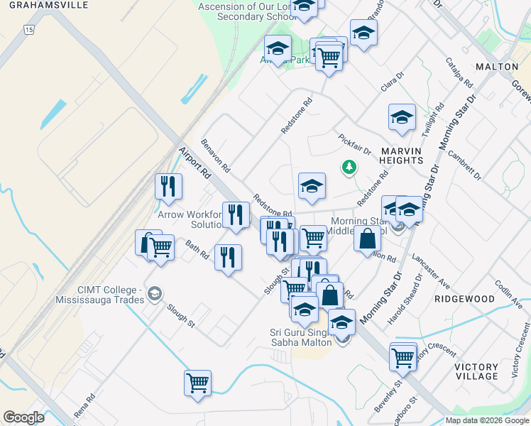 map of restaurants, bars, coffee shops, grocery stores, and more near 7530 Redstone Road in Mississauga