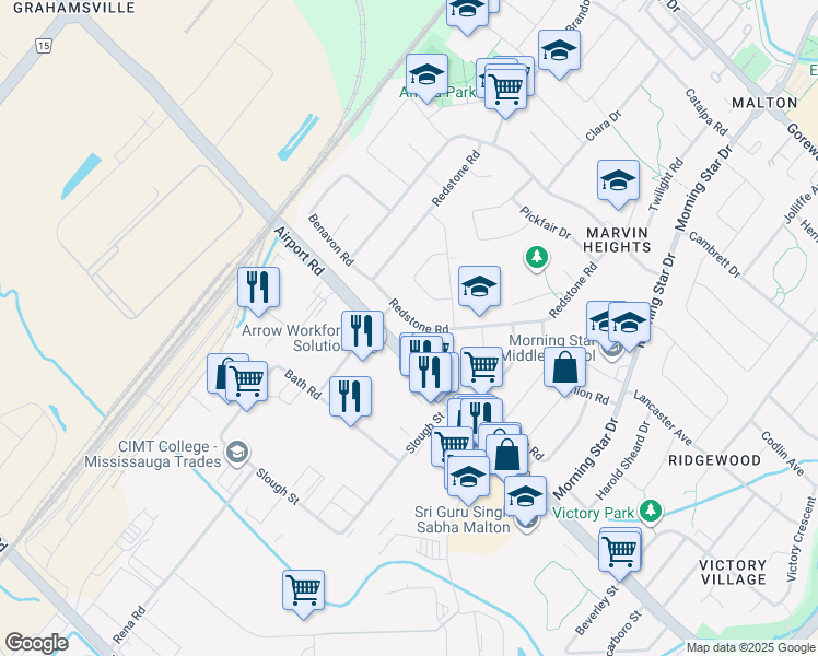 map of restaurants, bars, coffee shops, grocery stores, and more near 7530 Redstone Road in Mississauga