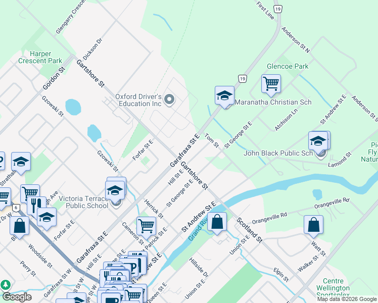 map of restaurants, bars, coffee shops, grocery stores, and more near 540 Garafraxa Street East in Fergus