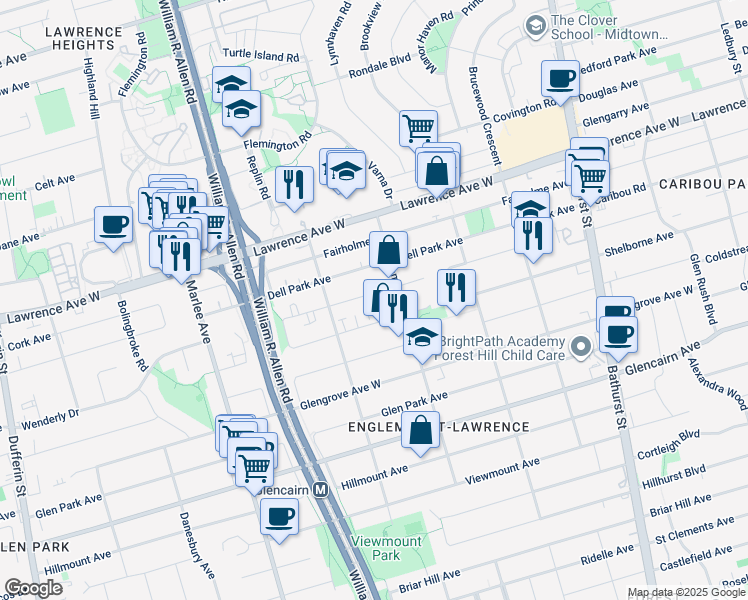 map of restaurants, bars, coffee shops, grocery stores, and more near 7 Meadowbrook Road in Toronto
