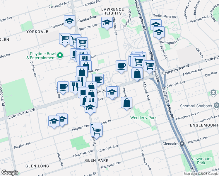 map of restaurants, bars, coffee shops, grocery stores, and more near 1060 Lawrence Avenue West in Toronto