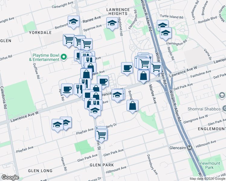 map of restaurants, bars, coffee shops, grocery stores, and more near 757 Lawrence Avenue West in Toronto