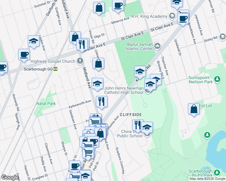 map of restaurants, bars, coffee shops, grocery stores, and more near in Toronto