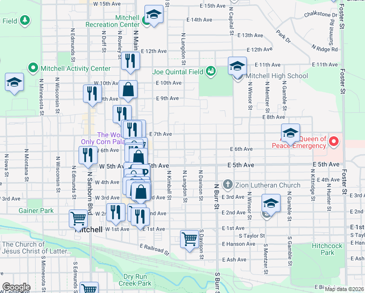 map of restaurants, bars, coffee shops, grocery stores, and more near 301 East 6th Avenue in Mitchell