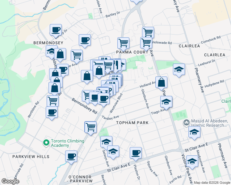 map of restaurants, bars, coffee shops, grocery stores, and more near 1549 O'Connor Drive in Toronto